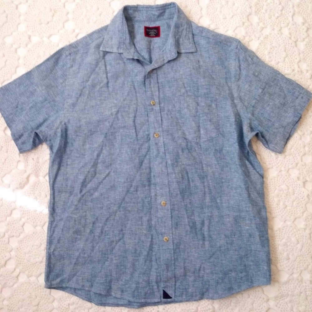 Untuckit Short Sleeve Shirt Cameron Blue 100% Linen Button Up  Medium Men Collar